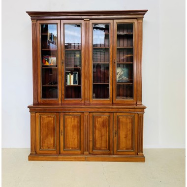 Ancienne Bibliothèque 2 corps Haut de gamme - Chataigner et Laiton - Armoire vaisselier vitrine